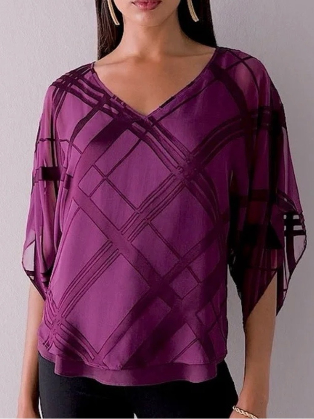 White House Black Market Purple Silk Kimono Style Blouse Top Large